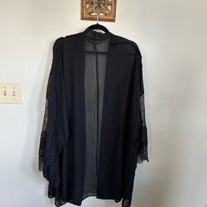 Cacique Elegant sheer Black Kimono Robe with lace trim 18 20